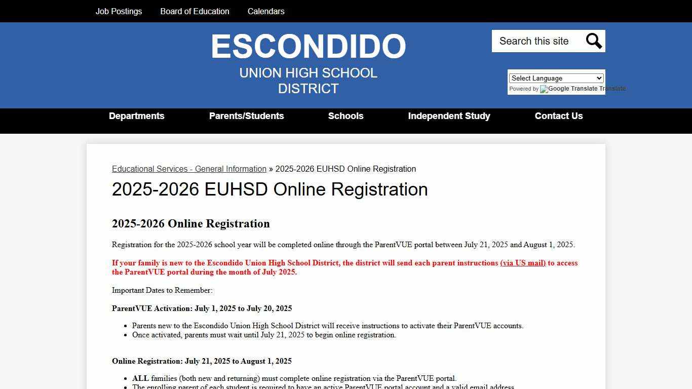 2025-2026 EUHSD Online Registration – Educational Services - General Information – Escondido Union High School District